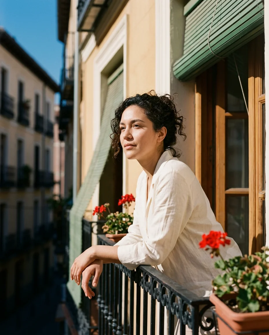 Mujer asomada a un balcón con flores disfrutando de la luz de la mañana